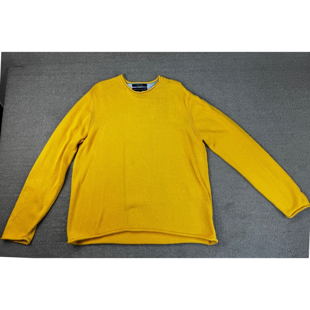 Tommy Hilfiger Sweater Mens‎ Large Mustard Yellow Cotton Crewneck Rolled Hem